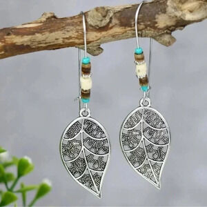 Beaded Silver Leaf Dangle Earrings